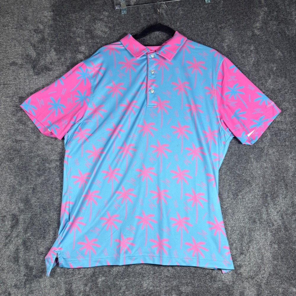 Chubbies Mens Large Pink Blue Palm Tree Tropical Performance Golf Polo Shirt